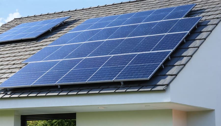 Detail view of solar roof tiles showing their aesthetic integration with modern architecture