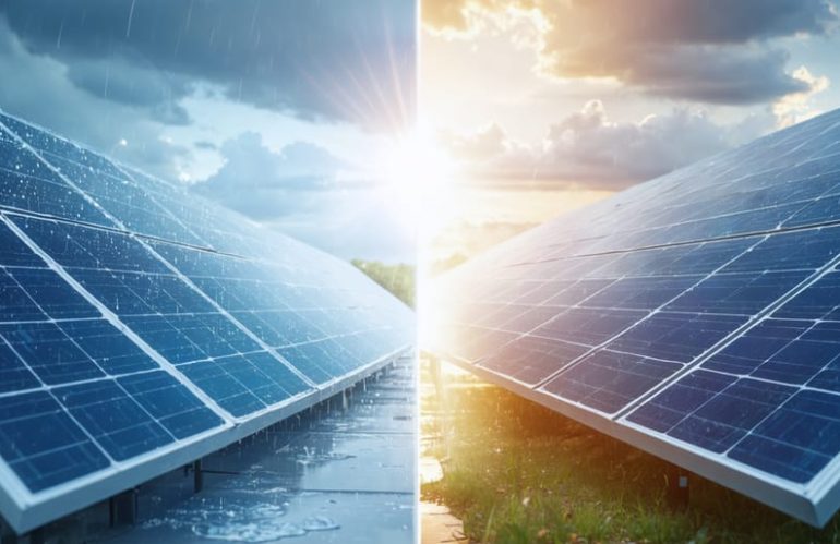 Split-screen image showing solar panels under sunny skies with bright sunlight and under cloudy conditions with overcast skies, highlighting the weather-dependent performance of solar panels.