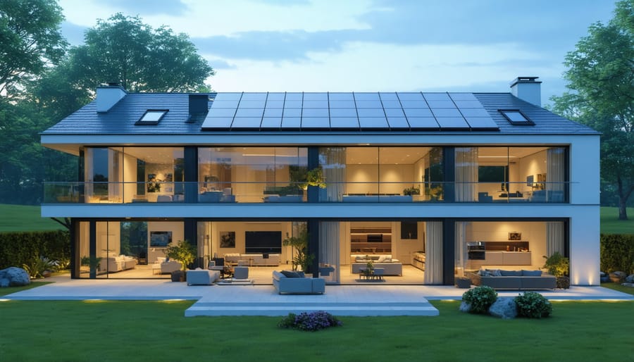 Architectural rendering of a home with invisible solar panels integrated into windows