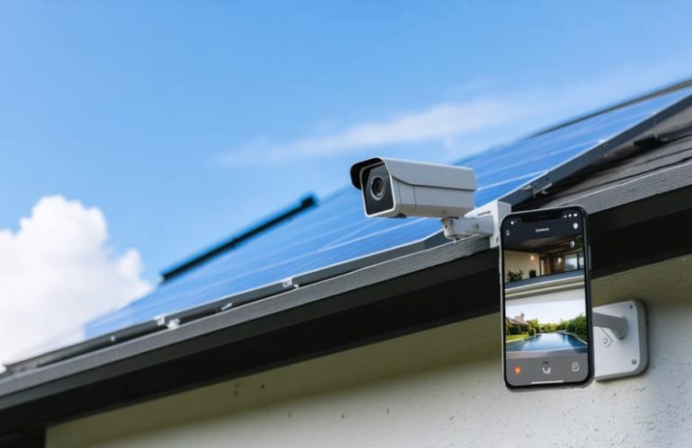 Modern solar-powered security camera with attached solar panel mounted on a home exterior, capturing live footage on a smartphone screen, symbolizing smart home integration and sustainable energy.