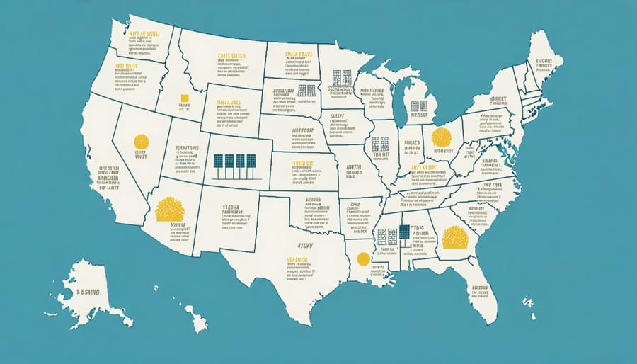 Color-coded US map showing various state-level solar tax incentives and rebates