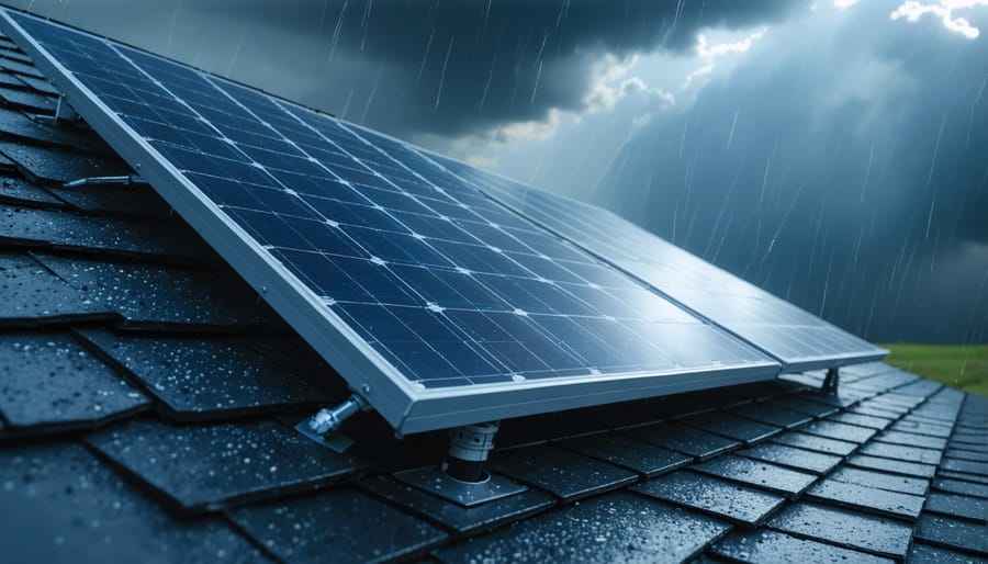 Weather-resistant solar panels securely mounted on residential roof withstanding heavy rain and wind