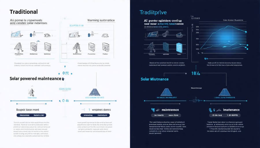 Side-by-side comparison of traditional reactive maintenance versus AI-powered predictive maintenance for solar panels