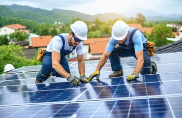 Diverse group of union workers installing solar panels on a rooftop, enhancing community sustainability and economic growth.