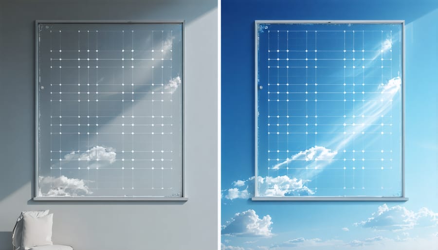 Side-by-side comparison of regular glass and transparent solar panel technology