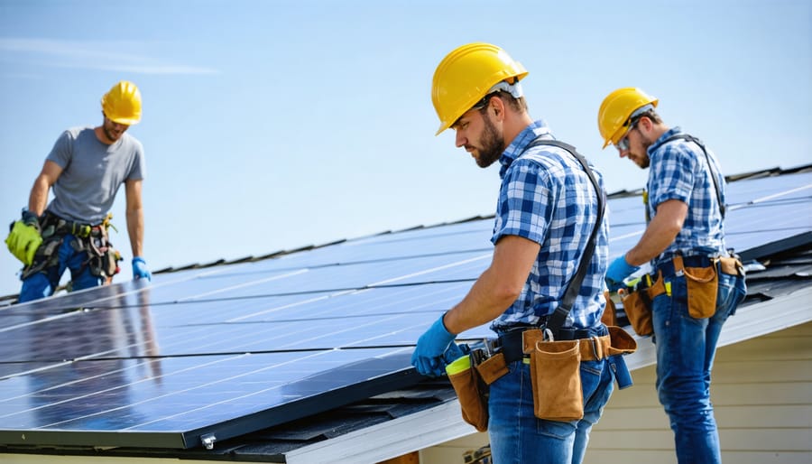 Union solar technicians installing solar panels on a home roof