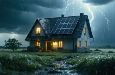 Illustration of a house with storm-resistant solar panels energetically functioning during a heavy storm, symbolizing energy resilience and reliability.