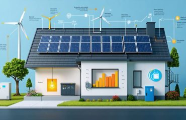 Illustration of a modern home incorporating V-grid energy systems, featuring solar panels, battery storage, and bi-directional power flow with the grid, symbolizing energy stability and efficiency.