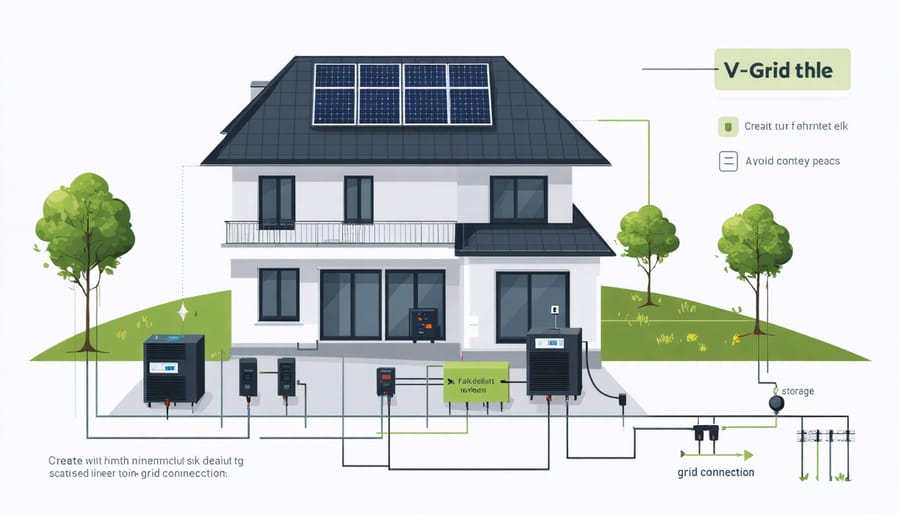 Schematic diagram of a home v-grid energy system showing power flow between solar panels, batteries, and utility grid