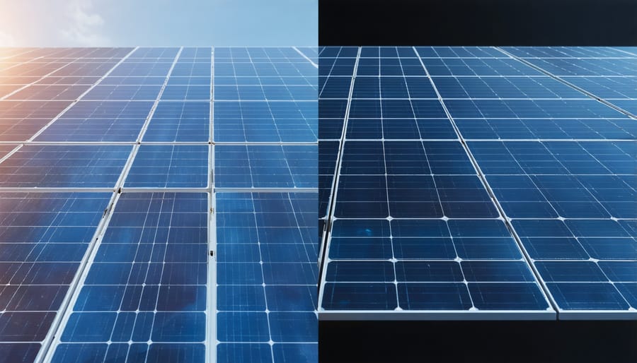 Solar panels during sunny and cloudy conditions with diagnostic data visualization overlays showing performance impact