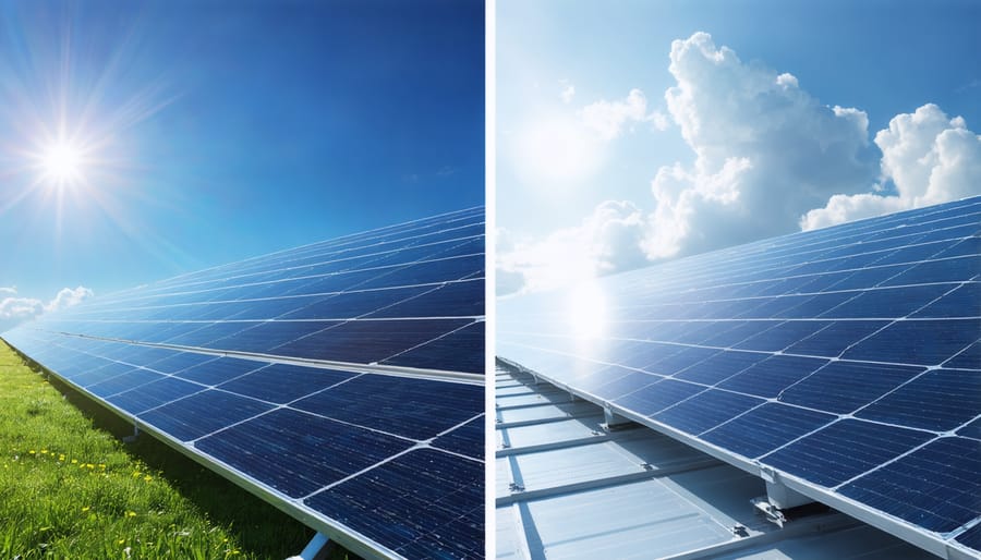 Side-by-side comparison of solar panels operating in sunny and overcast weather