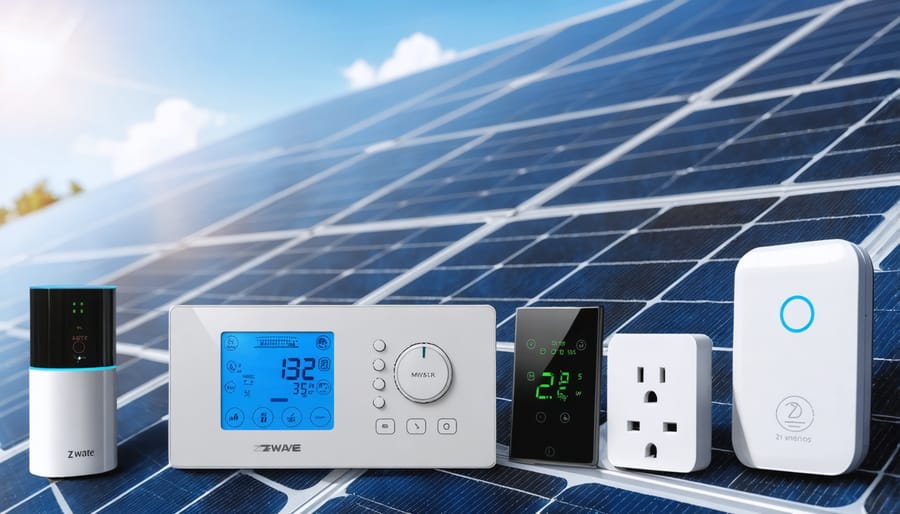 Array of Z-Wave smart home devices with solar panel backdrop