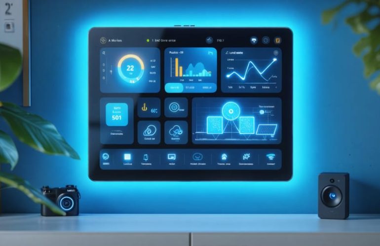 A digital smart home dashboard displaying real-time solar energy production and Z-Wave-enabled device status, highlighting energy efficiency and automation capabilities.