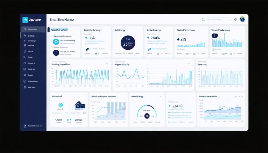 Smart home dashboard interface displaying solar energy monitoring and Z-Wave device status