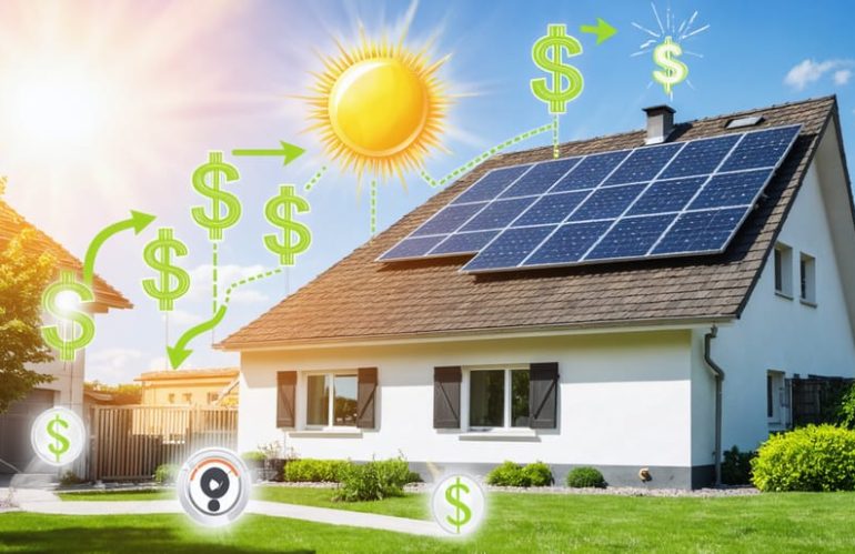 Conceptual image showing a suburban home with rooftop solar panels under the sun, surrounded by symbols of dollar savings and energy flow, representing the investment and savings of a 9kW solar system.