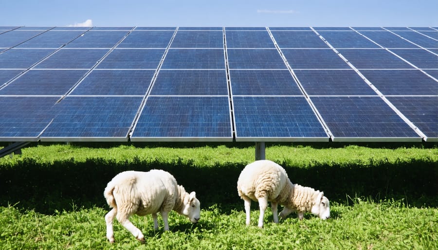 Flock of sheep peacefully grazing among solar panel arrays