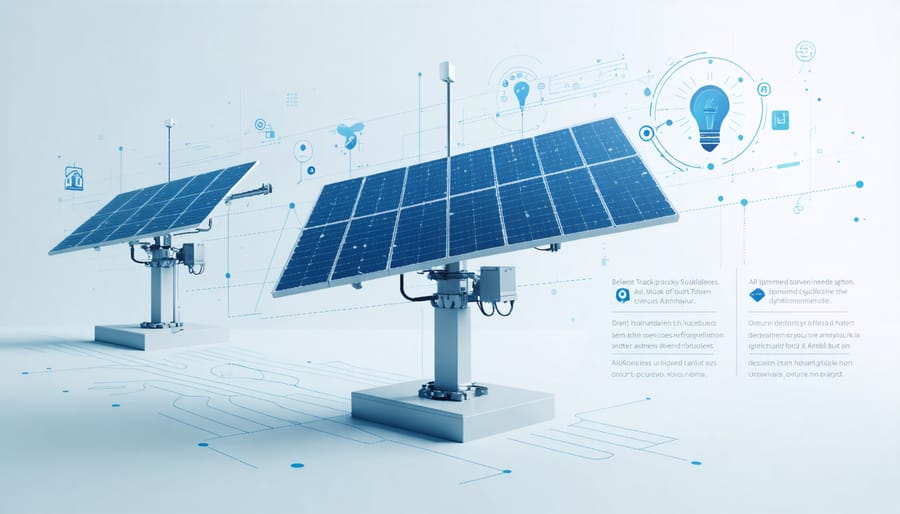 Animated representation of smart solar panel system with AI-driven tracking and optimization