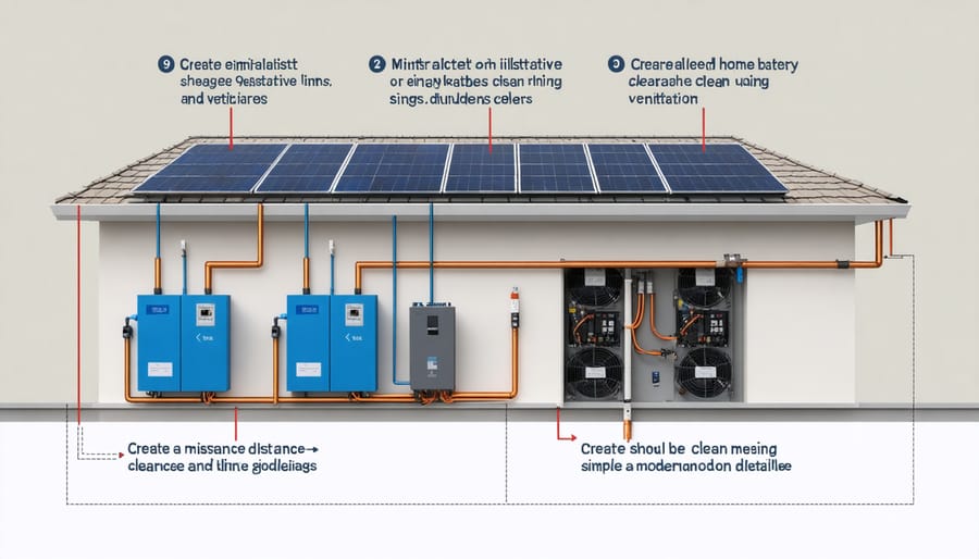 Diagram of a residential battery installation with safety clearance measurements and airflow indicators