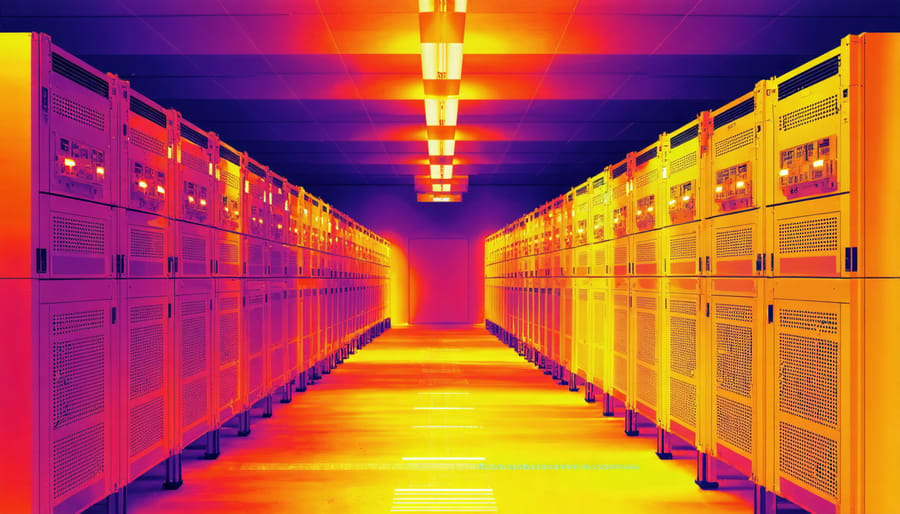 Color-coded thermal image displaying temperature zones in a battery storage installation