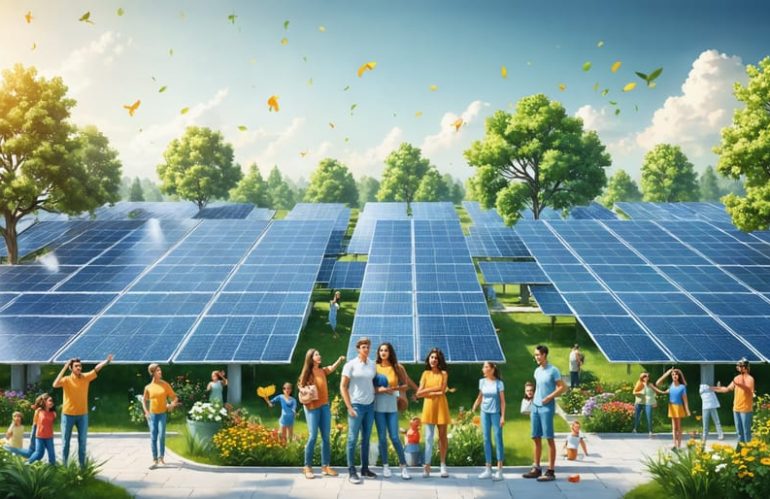 Diverse community members engaging around a solar farm in their neighborhood, with solar panels and residential homes visible, representing sustainable energy progress.