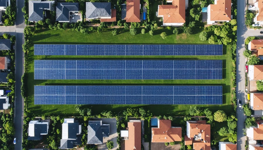 Large solar panel array integrated into an urban community with residential houses visible nearby