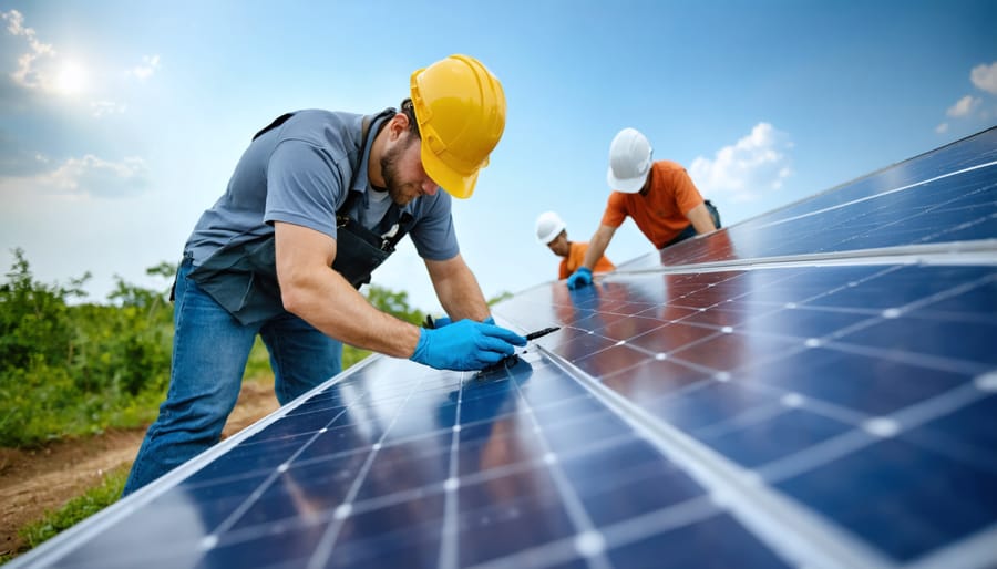 Diverse group of community members and solar technicians working together to install solar panels