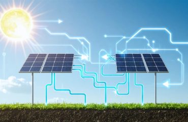 Illustrative image of two solar panels connected in series with arrows showing increased voltage and a sun in the background, demonstrating solar panel space efficiency on a compact rooftop.