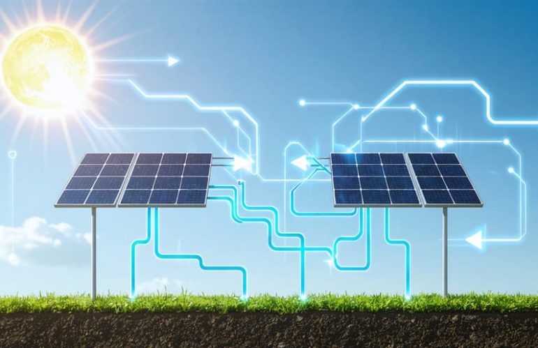 Illustrative image of two solar panels connected in series with arrows showing increased voltage and a sun in the background, demonstrating solar panel space efficiency on a compact rooftop.