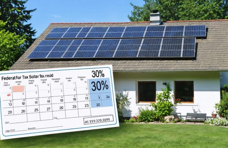 Conceptual representation of a home with solar panels and a prominent tax refund illustrating the 30% federal solar tax credit benefit, with a calendar marking the credit period through 2032.