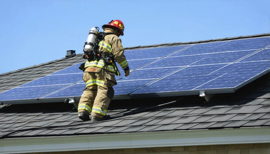 Firefighters using designated access pathways between solar panels during emergency response