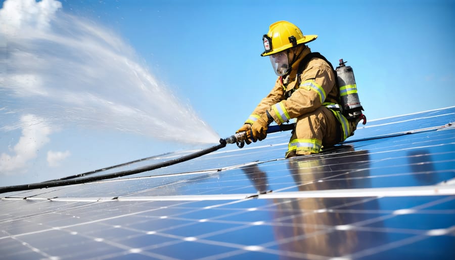 Professional firefighter showing correct angle and distance for applying water to solar panel fire