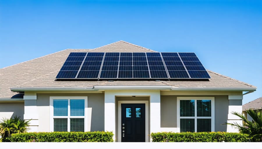 Solar panels installed on a Florida home with insurance policy graphics