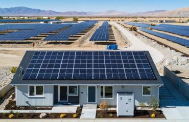 A juxtaposed image of a large grid-scale battery storage facility with industrial battery units and personnel versus a home with a compact solar panel and battery system, highlighting scale and management differences.