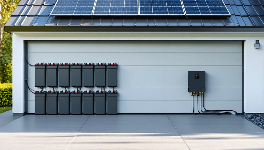 Modern residential battery storage system with LFP batteries installed in a home garage