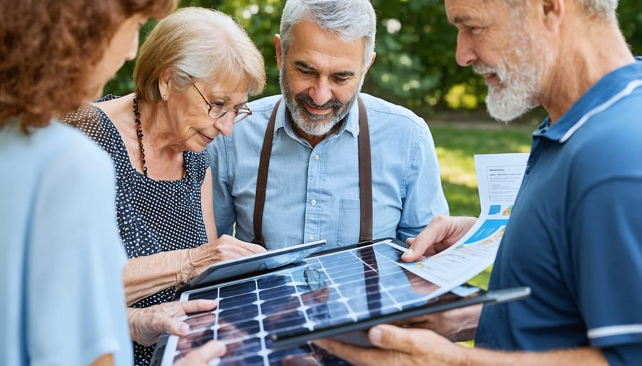 Diverse group accessing solar education through various digital and physical learning materials