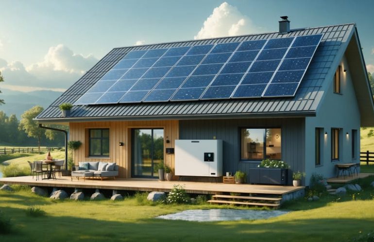 Conceptual illustration depicting a self-sufficient solar-powered home with solar panels, a battery storage unit, and an inverter, nestled in a peaceful landscape, symbolizing energy independence and sustainable living.