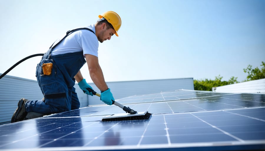 Solar panel professional demonstrating safe cleaning techniques on roof