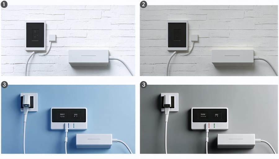 Sequential photos demonstrating the proper steps to power down and reset a solar water heater