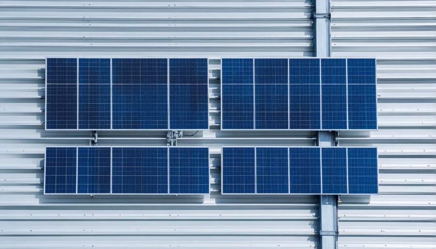 Residential rooftop with four solar panels installed in series, demonstrating proper positioning and wiring