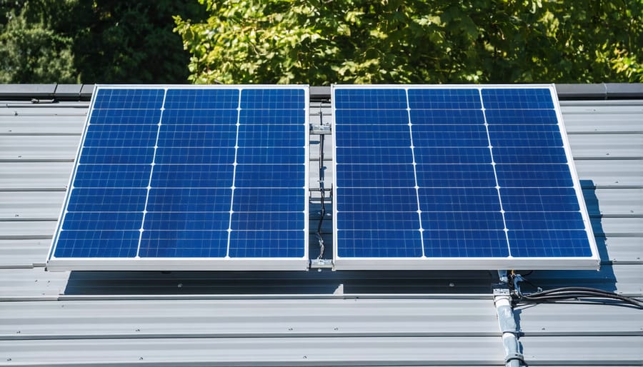 Two residential solar panels installed in series on a house roof with wiring shown