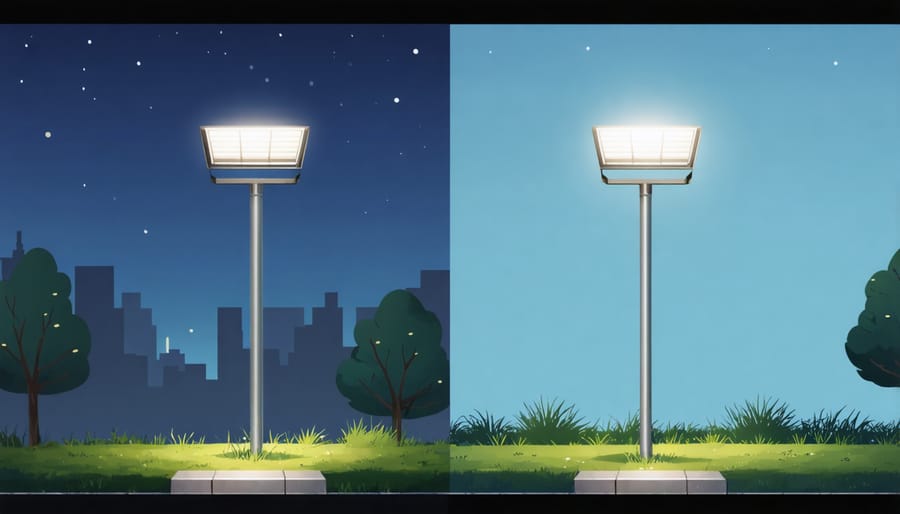 Comparison chart showing solar light charging effectiveness in sunny, cloudy, and rainy conditions