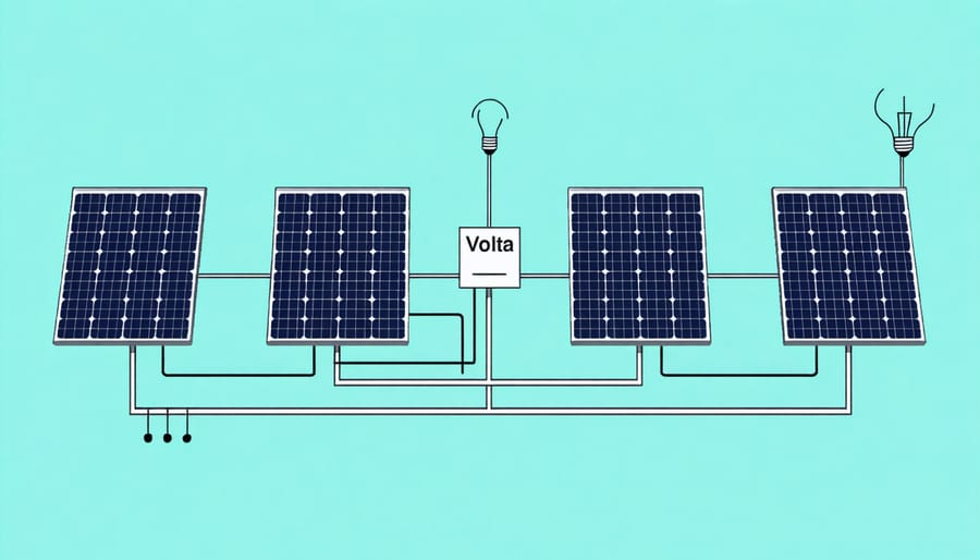 Technical diagram illustrating four solar panels connected in series, showing how voltages add while current remains constant