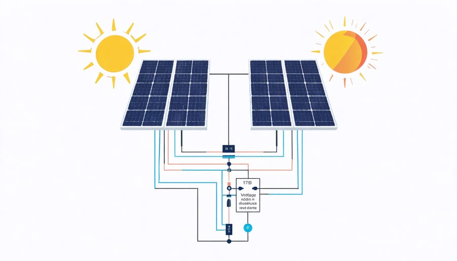 Electrical diagram illustrating how voltage adds when two solar panels are connected in series