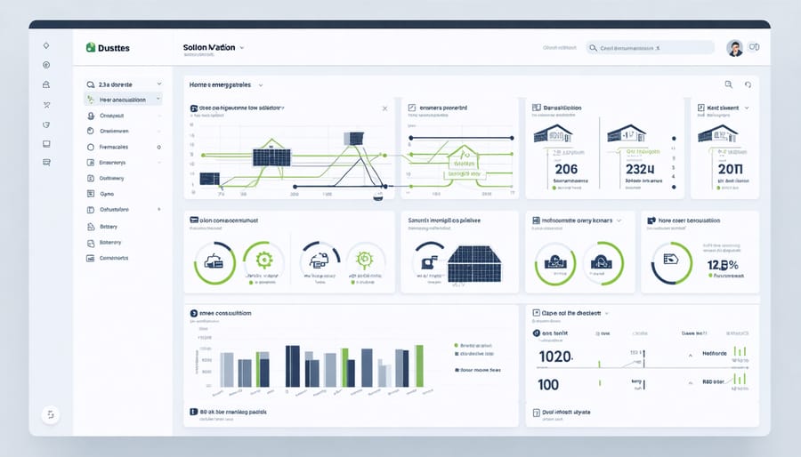 Smart home energy management system interface displaying power flow analytics and battery status