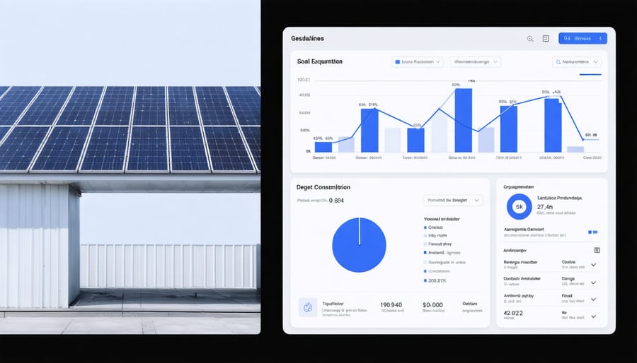 Smart grid software dashboard displaying solar energy metrics and real-time monitoring data