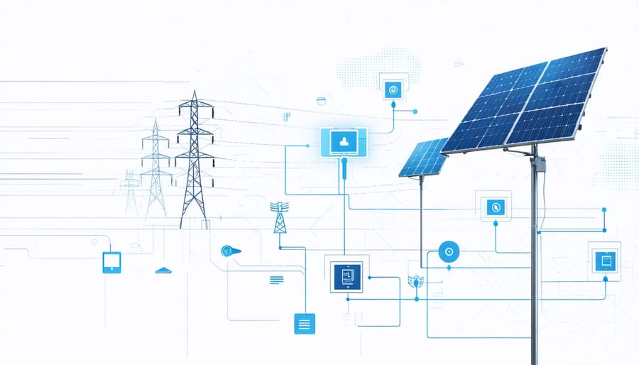 Visual representation of smart grid sensors monitoring solar power infrastructure