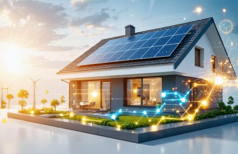 Conceptual illustration of a home with solar panels connected via smart grid software, showing energy flow between panels, appliances, and storage under a sunny sky.