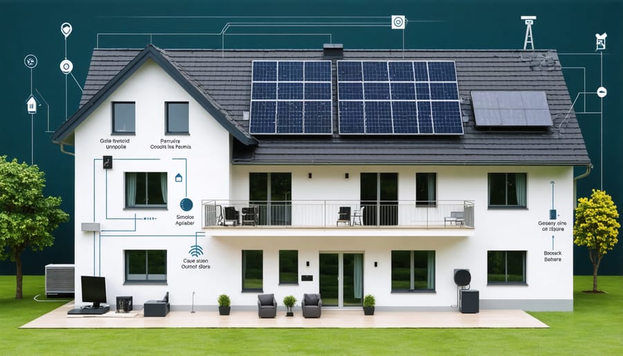 Diagram of a residential solar system showing smart grid integration points and components