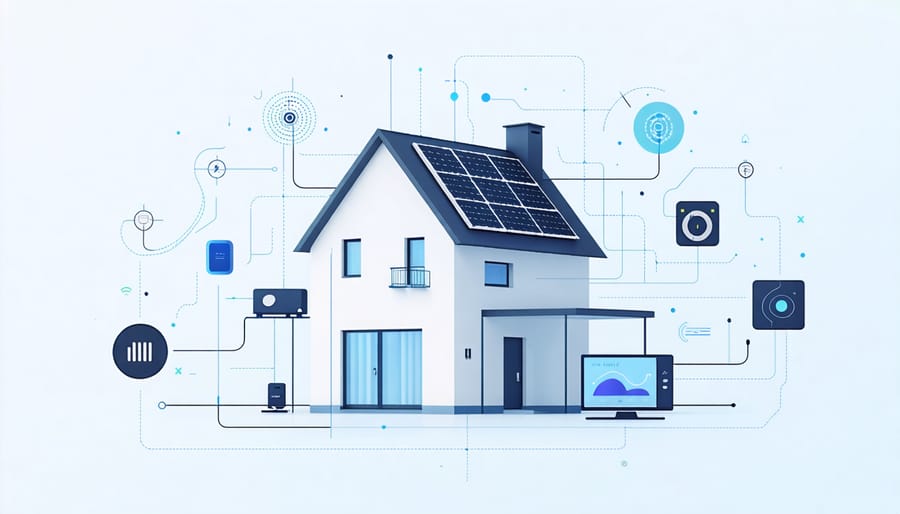 Illustrated diagram of solar panels connected to smart home devices and management system