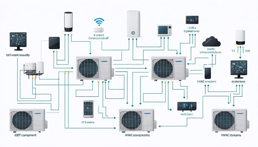 Smart sensors monitoring different parts of an HVAC system with real-time data visualization